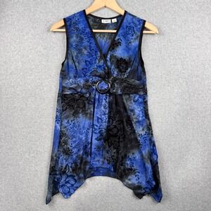 Cato Top Womens Medium Blue Black Floral Sharkbite Babydoll Velvet Burnout Y2K